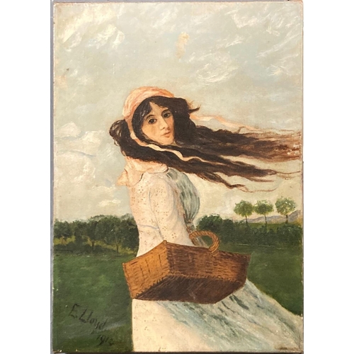 150 - E Lloyd (British early 20th century), portrait of a young girl with wind swept hair, signed dated 19... 