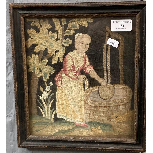 151 - 19th century needlepoint tapestry panel, lady at a well.  24x21cm approx.  Framed.  (B.P. 21% + VAT)