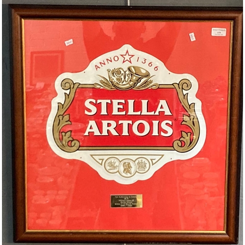 159 - A framed 'Stella Artois' presentation advertising panel, bearing plaque 'For achieving in excess of ... 