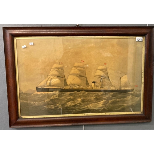 167A - Study of a 19th century British transitional sailing steam ship, under full sail, off a coastline.  ... 