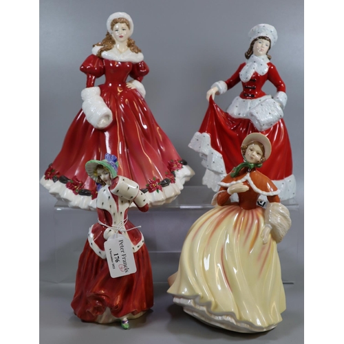 176 - Four Royal Doulton bone china figurines, to include: 'Pretty Ladies, Winter', 'A Christmas Morning',... 