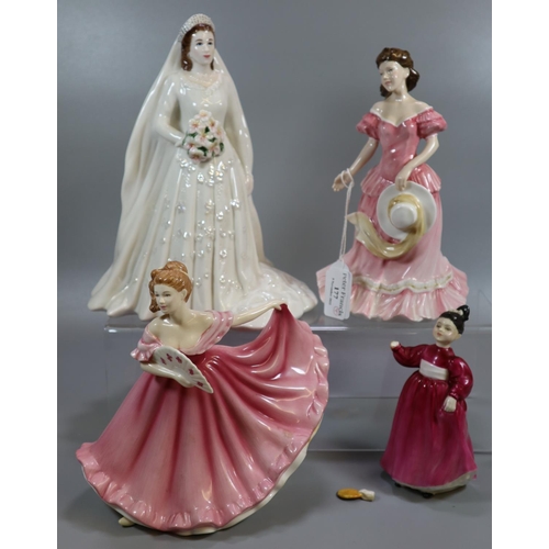 177 - Three Royal Doulton bone china figurines, to include: 'Amy', 'Elaine' and 'Vanity' together with a R... 