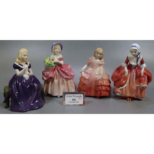 181 - Four Doulton bone china figurines, to include: 'Rose', 'Goody Two Shoes', 'Cissie' and 'Affection'. ... 