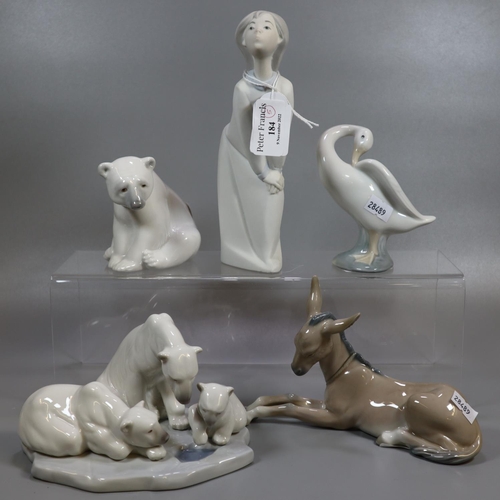 184 - Collection of Lladro Spanish porcelain animals, to include: polar bear, donkey, polar bear group etc... 