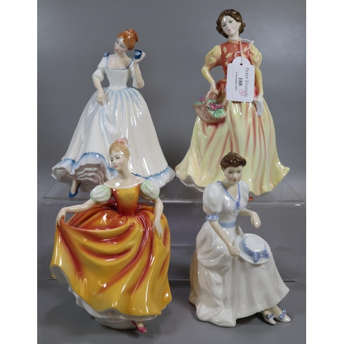 188 - Four Royal Doulton bone china figurines, to include: 'Autumn Attraction', 'Autumn Flowers', 'Paula' ... 