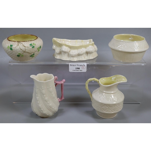 190 - Collection of five Belleek Irish porcelain items: jugs, boat shaped dish etc.  (5)  (B.P. 21% + VAT)