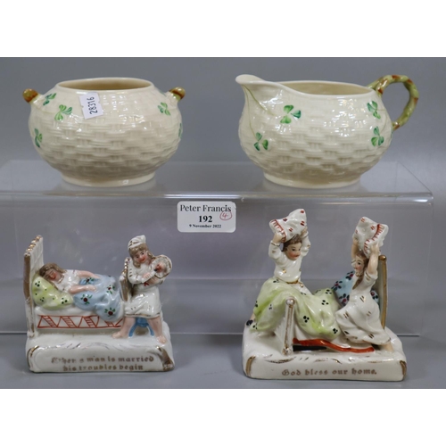 192 - Two Belleek Irish porcelain ceramic items, to include: sucrier, milk jug, together with two German F... 