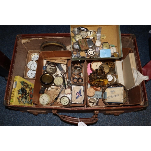 210 - Leather suitcase comprising assorted items, mainly clock parts and watches, pocket watches, straps, ... 