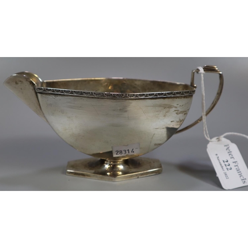 222 - Early 20th century silver Art Deco design sauce boat.  Birmingham hallmarks.  4.4 troy oz. approx.  ... 