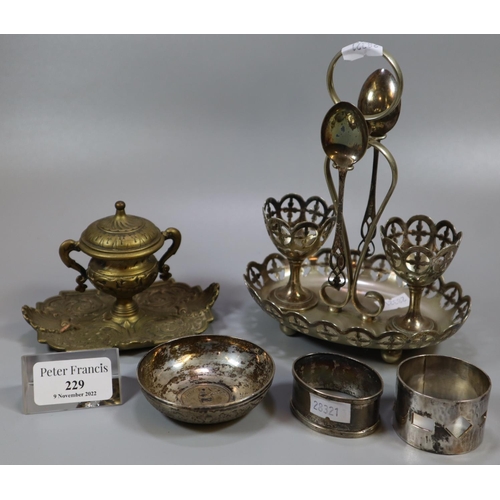 229 - Collection of silver and metalware, to include: egg cruet set, Celtic design silver spoons, two silv... 