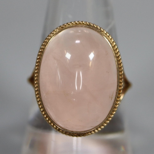 240 - 9ct gold Georgian design split shank dress ring set with cabochon moon stone.  6g approx.   Ring siz... 