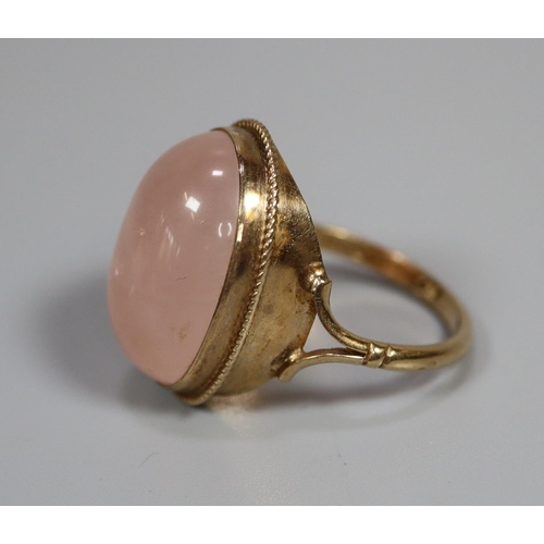 240 - 9ct gold Georgian design split shank dress ring set with cabochon moon stone.  6g approx.   Ring siz... 