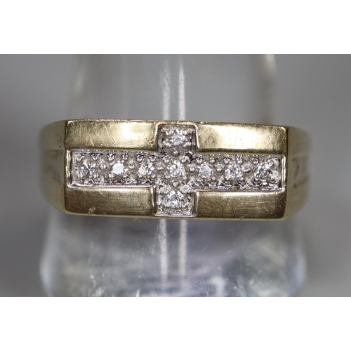 246 - 9ct gold gents cruciform design diamond set dress ring.  3.5g approx.  Ring size V.  (B.P. 21% + VAT... 