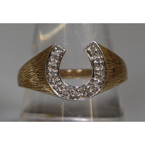 247 - 9ct gold diamond set horseshoe design dress ring.  3.2g approx.  Ring size R.  (B.P. 21% + VAT)