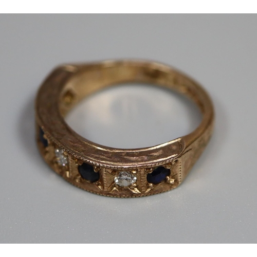 249 - 9ct gold sapphire and diamond half hoop eternity ring with engraved decoration.  3.5g approx.  Ring ... 