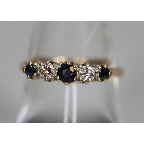 258 - 9ct gold diamond and sapphire five stone engagement ring.  2g approx.  Ring size N.  (B.P. 21% + VAT... 