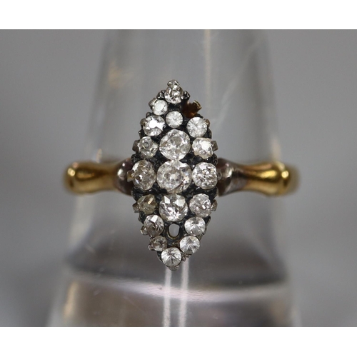 272 - 18ct gold diamond and white stone set marquise shaped dress ring (2 stones missing).  3.3g. approx. ... 