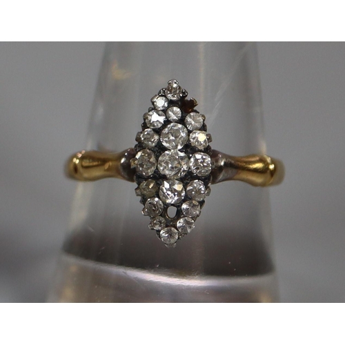 272 - 18ct gold diamond and white stone set marquise shaped dress ring (2 stones missing).  3.3g. approx. ... 