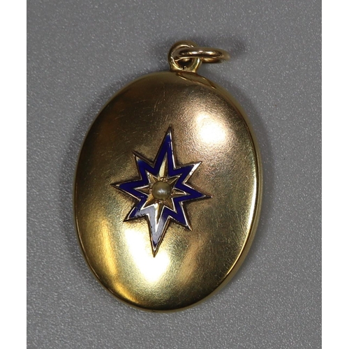 281 - 9ct gold locket  set with enamel and seed pearl, containing photograph of a young boy.  3.9g approx.... 