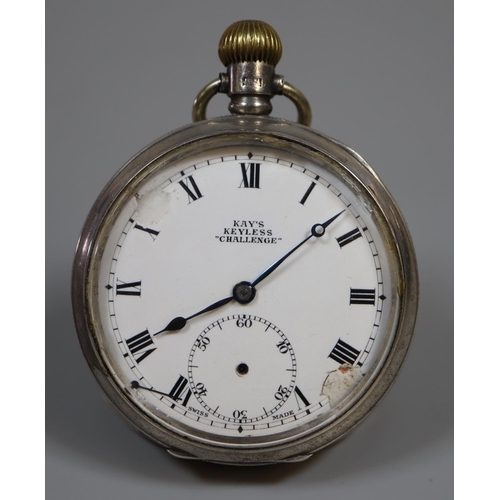 291 - Kays keyless lever silver 'Challenge' open faced pocket watch with Roman face and seconds dial.   (B... 