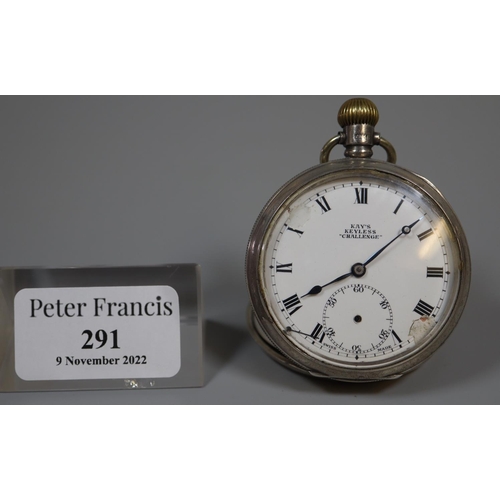 291 - Kays keyless lever silver 'Challenge' open faced pocket watch with Roman face and seconds dial.   (B... 