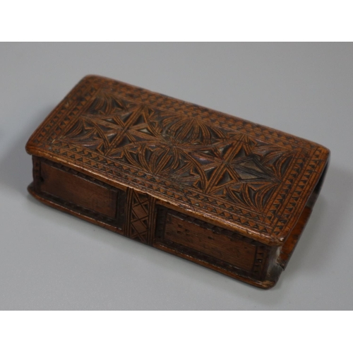 311 - 19th century carved sycamore snuff box with carved decoration and sliding lid.   (B.P. 21% + VAT)