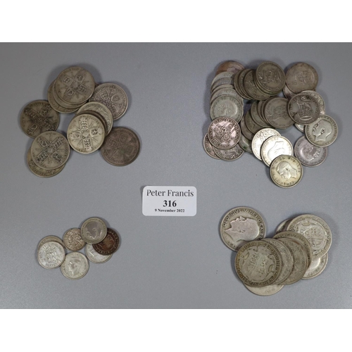 316 - Box of British silver coins, pre 1947, approximately 60 coins in total, sixpences, shillings, half c... 