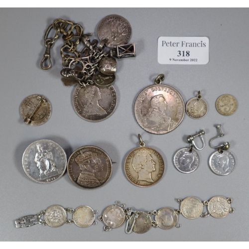 318 - Bag of silver coins and other items, to include: 1750 Thaler, silver threepence coins, German Thaler... 