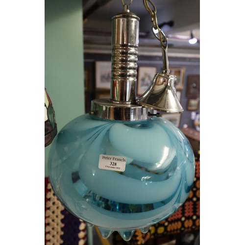 328 - Unusual mid century blue Vaseline type glass ceiling light shade with chrome mounts.  (B.P. 21% + VA... 