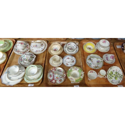 332 - Five trays of china teaware to include: 11 trios; Paragon 'Bristol', Tuscan, Copeland Spode, Royal G...