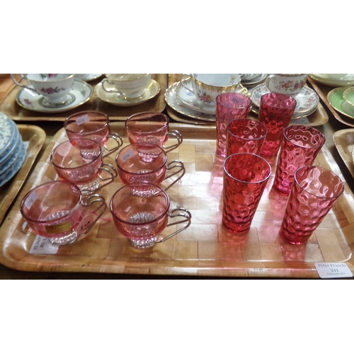 341 - Tray of cranberry glass items: six small dimpled glass tumblers and six Italian 'Lubiana' glasses wi... 