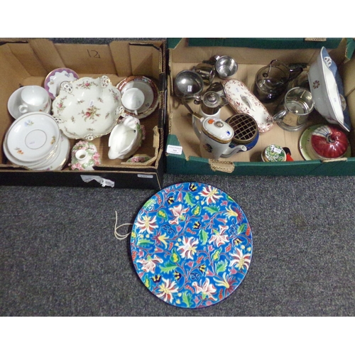 344 - Two boxes of assorted items to include: French slip decorated charger, Limoges pot with lid, Bristol... 