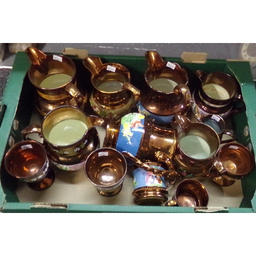 393 - Tray of 19th century copper lustre dresser jugs, goblets etc.  (B.P. 21% + VAT)