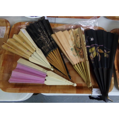 408 - Tray with five vintage and antique silk fans , Some florally decorated, one with a matadors scene. (... 