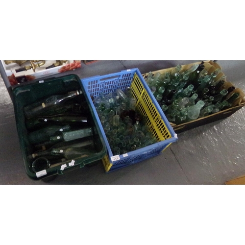 437 - Three boxes of vintage glass bottles: medicine bottles, beer bottles, bottle marked 'Ross 5 Belfast'... 