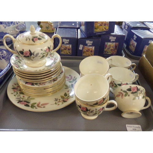 439 - Wedgwood 'Hatherway Rose' part tea ware: six saucers, seven tea cups, seven tea plates, sandwich pla... 