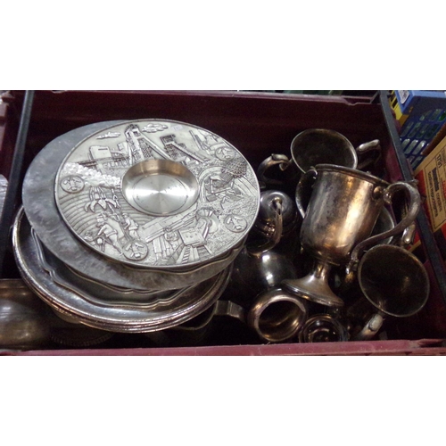 447 - Three boxes: box of pewterware and silver plate: beaten pewter plate, heavy pewter plate from Berlin... 