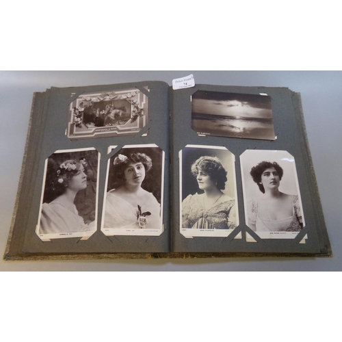 74 - Postcards collection in old album.  Actresses, pretty ladies, children, plus some topographical card... 