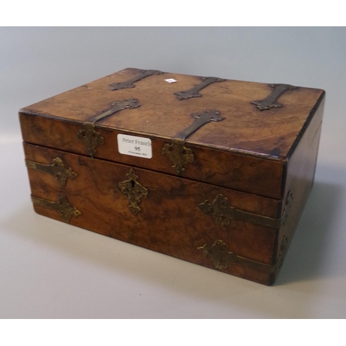 95 - Victorian walnut Gothic design brass mounted ladies work/jewellery box.  30x24x15cm approx.  (B.P. 2... 