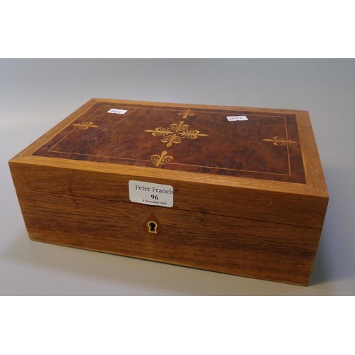 96 - Modern 'Linley' inlaid ladies jewellery box.  Probably burr yew and satinwood.  27x19x10cm approx.  ... 