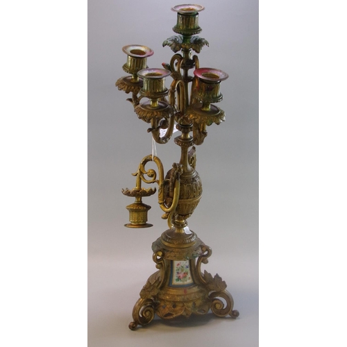 97 - 19th Century French ormolu four section centre table candelabrum with painted porcelain floral panel... 