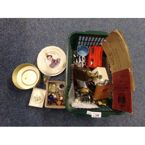 212A - Box of oddments, to include: cufflinks, studs, plated vesta case, hip flasks, miniature candle stick... 