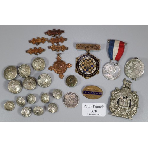 320 - Bag of military and other badges, to include: 'Own Scottish King's Borderers', 'LMS Railway Service'... 