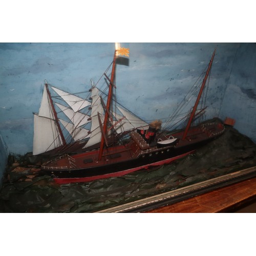 111 - 19th century diorama of a steam vessel with half block sailing ship on naturalistic base.  Cased.  (... 