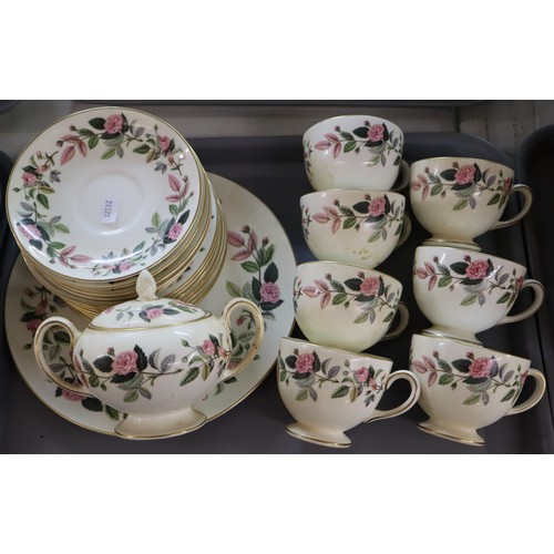 439 - Wedgwood 'Hatherway Rose' part tea ware: six saucers, seven tea cups, seven tea plates, sandwich pla... 