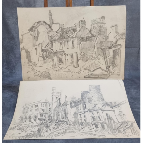 112 - Will Evans (Welsh 1888-1957), a collection of Swansea Blitz scenes, pencil sketches, unframed. 39 x ... 