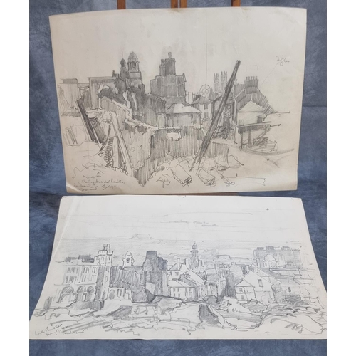 112 - Will Evans (Welsh 1888-1957), a collection of Swansea Blitz scenes, pencil sketches, unframed. 39 x ... 