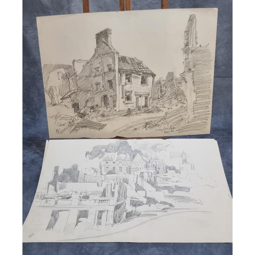 112 - Will Evans (Welsh 1888-1957), a collection of Swansea Blitz scenes, pencil sketches, unframed. 39 x ... 