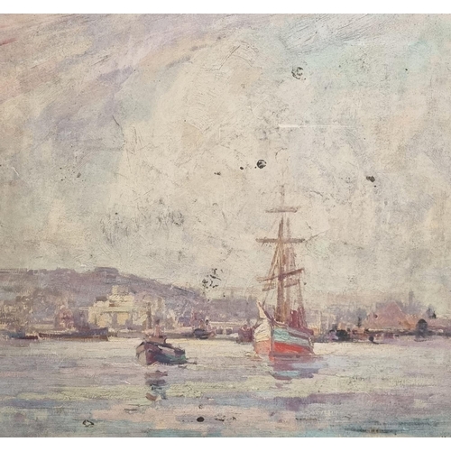 113 - Will Evans (Welsh 1888-1957), harbour scene with various vessels, oils on board. 51 x 56cm approx. 
... 