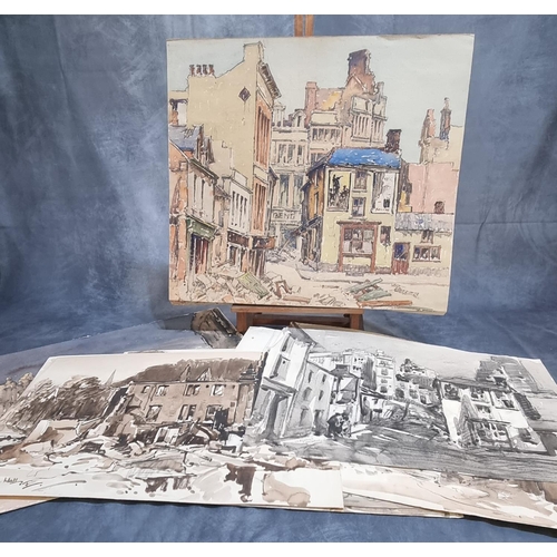 117 - Will Evans (Welsh 1888-1957), a group of Swansea Blitz scenes, watercolours. Various sizes. 38 x 55c...